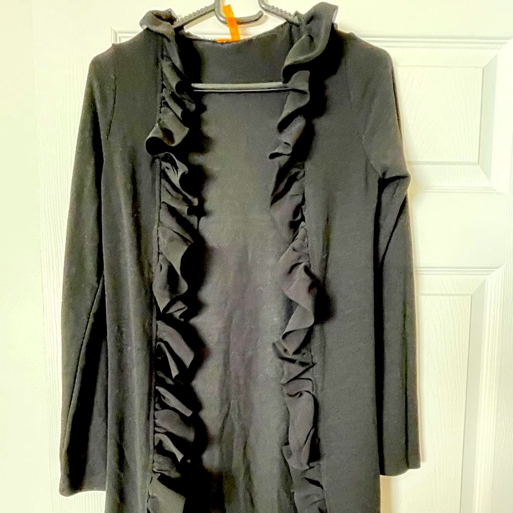 Brand New Black Long Sleeve Cardigan Coat With Chiffon Frills